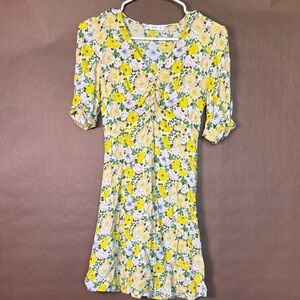 Mango Yellow and Cream Floral V-Neck Dress